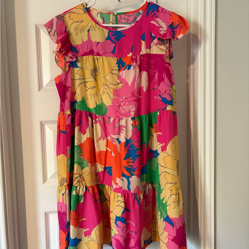 SHEIN Pink and Yellow Floral Midi Dress